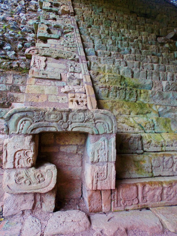 Close up of carvings on the stairway