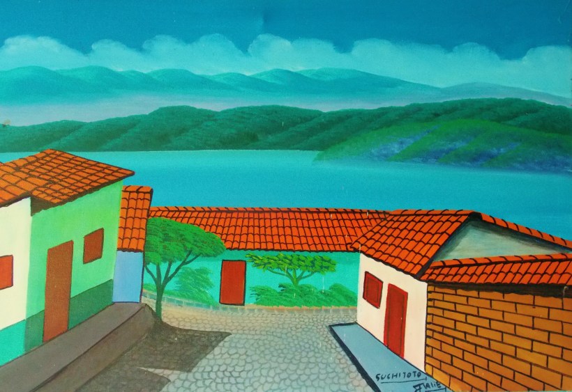 Painting of the Vista de Lago hostel and lake Suchitlan