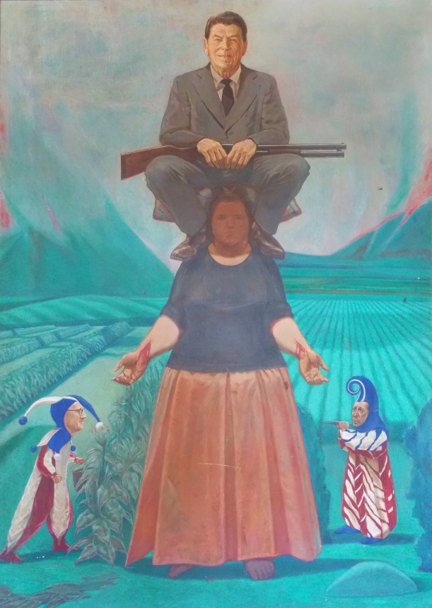 Titled 'The Burden' - 10 points to anyone who can tell us who the two jokers are.  We all know whos getting a piggy back - Found in a little lace called 'casa de culture'